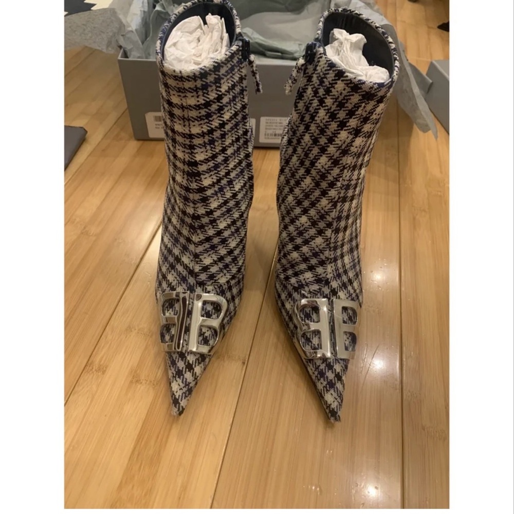 Balenciaga Beige, Navy and Silver Check Tailoring Fabric Heeled (BB) Booties M80